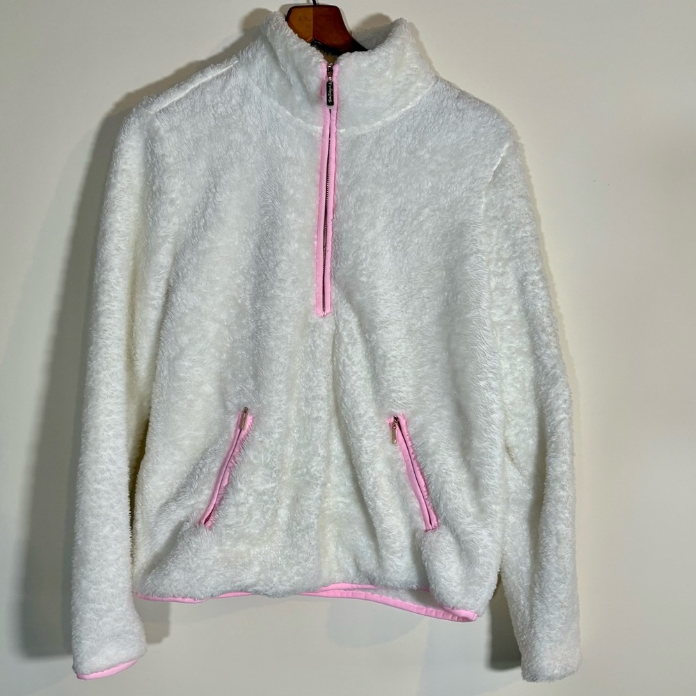 Lilly Pulitzer White Fuzzy Sherpa Quarter Zip Pullover Pink Trim Women’s Small